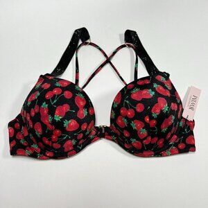 Victoria Secret 34D Bombshell Push Up Bikini Top Shine Strap Berry Cherry Print